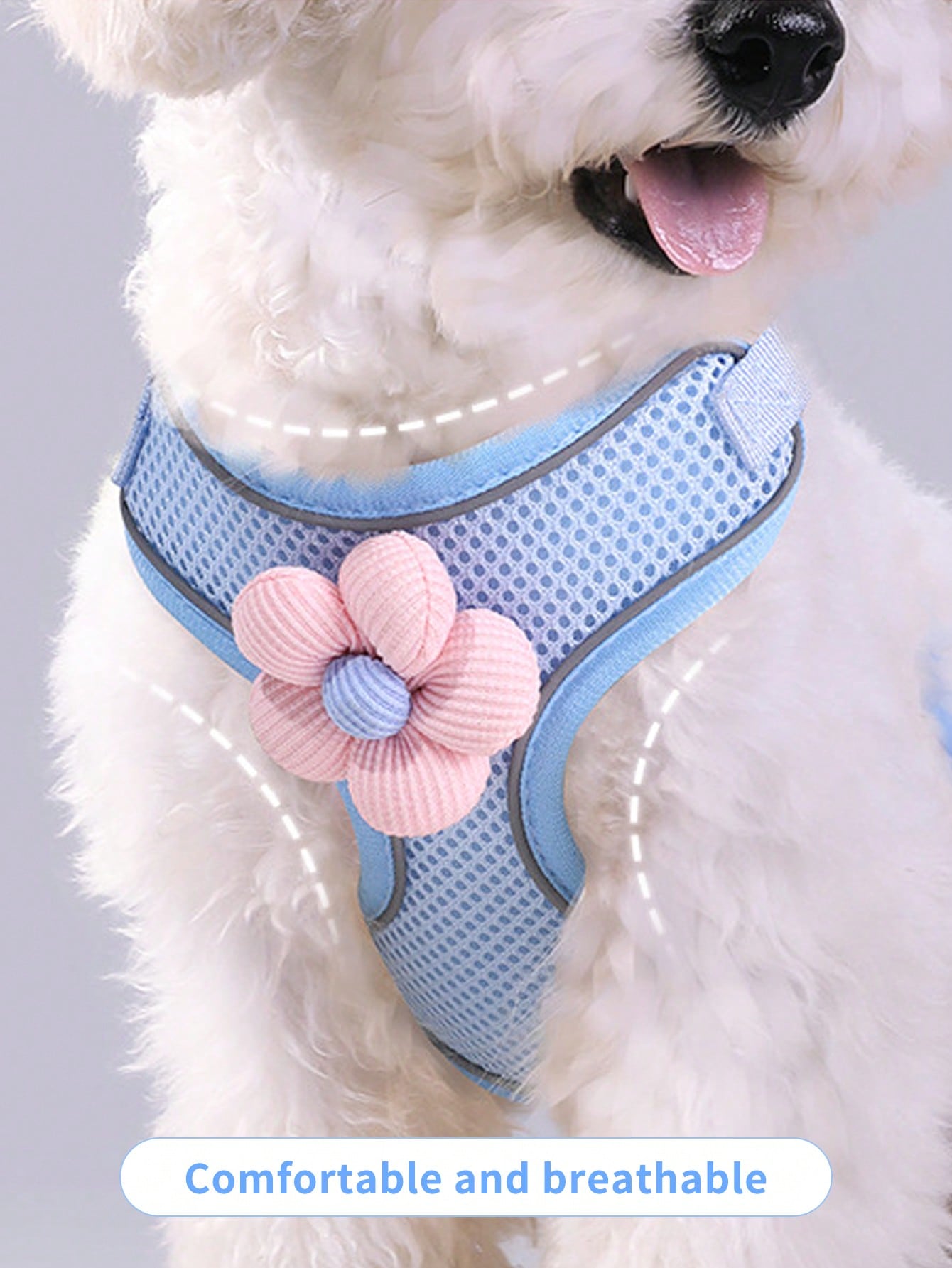 Cute floral pet harness and leash set with small pendant, breathable soft mesh vest, reflective details, and adjustable anti-escape fit for puppies, kittens, and small to medium dogs.