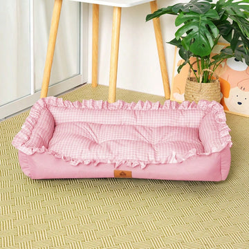 Soft purple plaid colorblock pet sleeping mat cushion for cats and dogs.