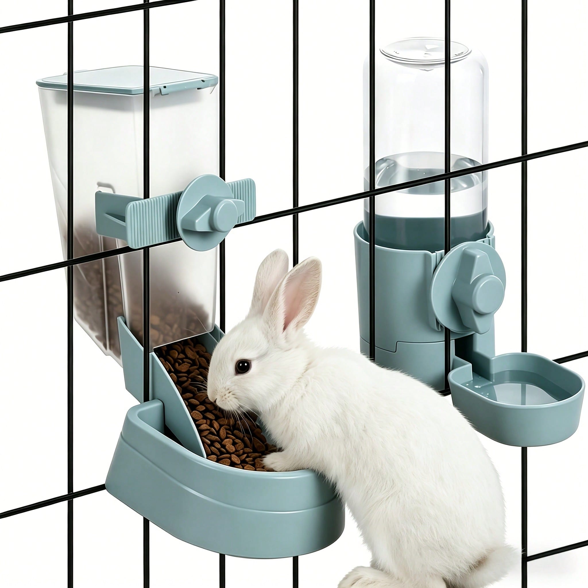 Easy-attach ABS plastic pet feeder and water dispenser set with 500ML+1L capacity for small animals like rabbits, cats, dogs, ferrets, and birds.