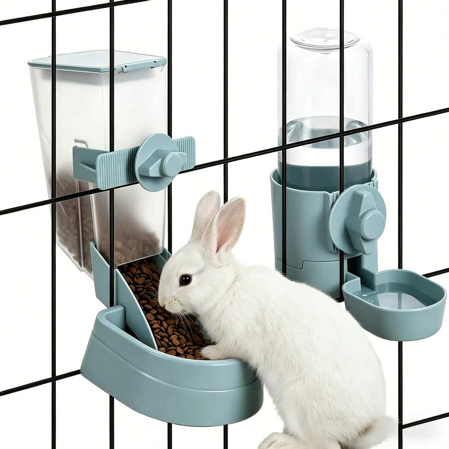 Easy-attach ABS plastic pet feeder and water dispenser set with 500ML+1L capacity for small animals like rabbits, cats, dogs, ferrets, and birds.