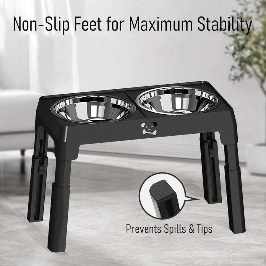 Stainless steel elevated dog bowls with an adjustable height anti-slip raised feeder stand for large dogs.