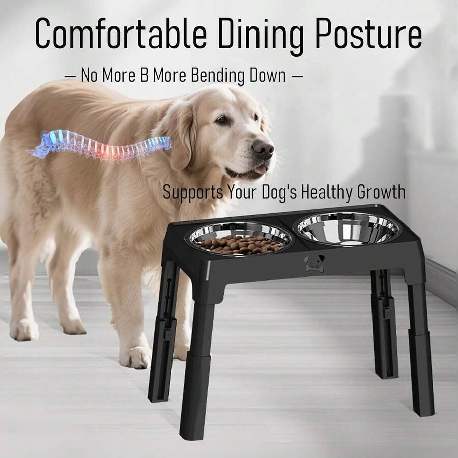 Stainless steel elevated dog bowls with an adjustable height anti-slip raised feeder stand for large dogs.
