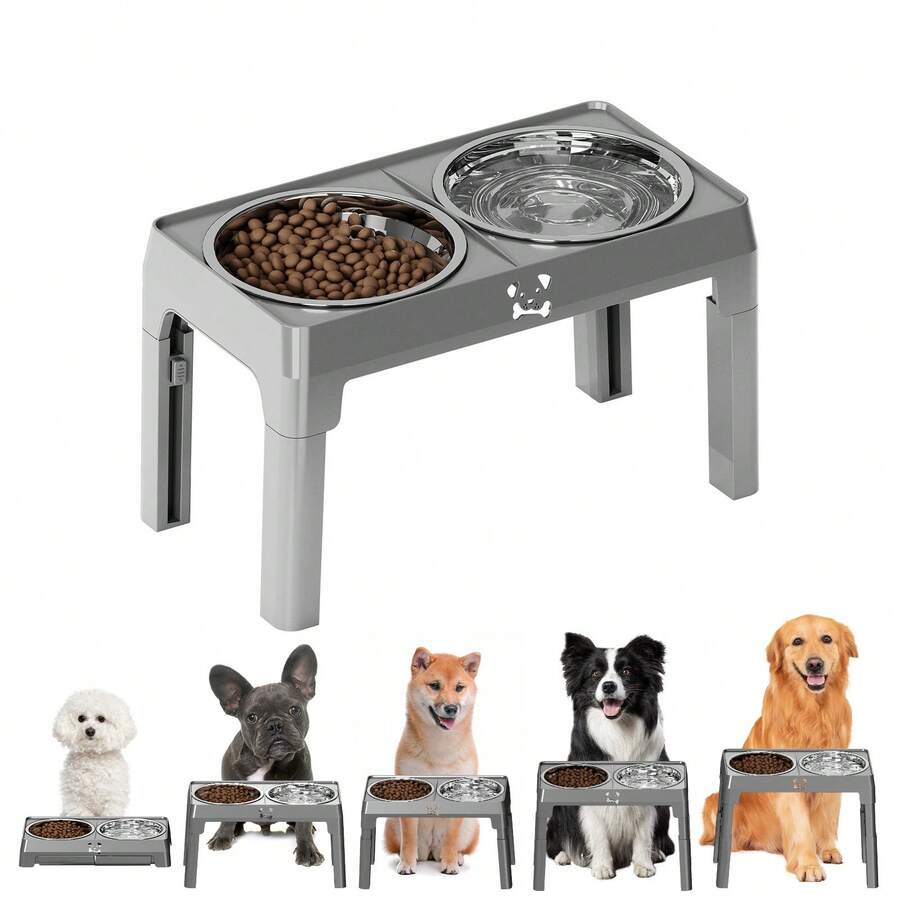 Stainless steel elevated dog bowls with an adjustable height anti-slip raised feeder stand for large dogs.