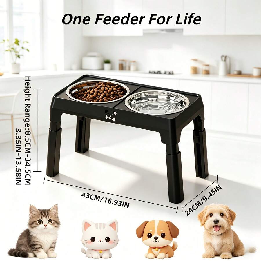 Stainless steel elevated dog bowls with an adjustable height anti-slip raised feeder stand for large dogs.