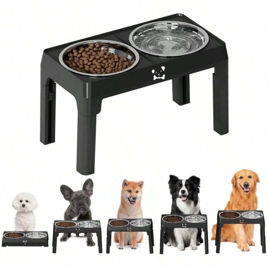 Stainless steel elevated dog bowls with an adjustable height anti-slip raised feeder stand for large dogs.