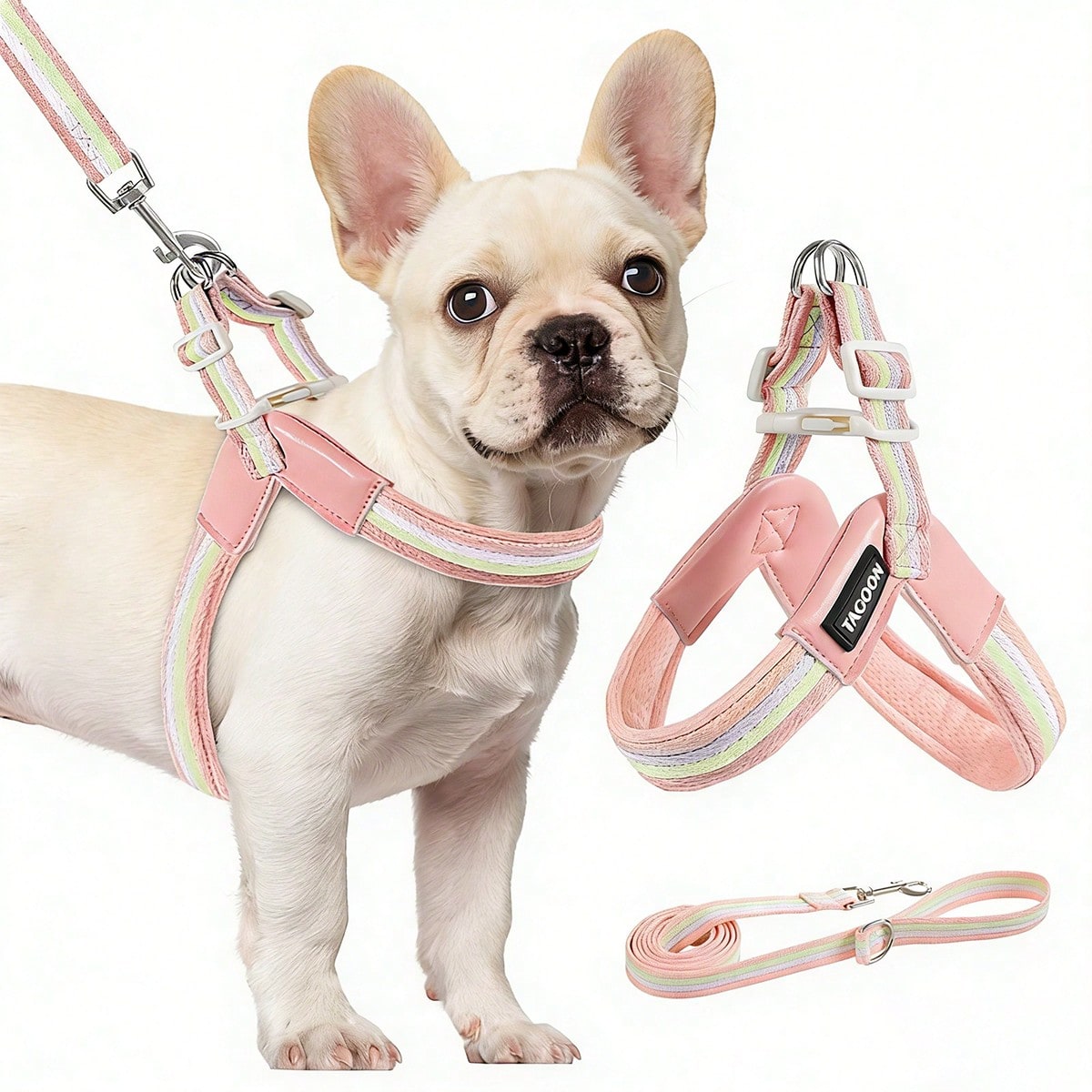 Multicolor colorblock no-pull dog harness 2-pack with step-in padded vest design, adjustable chest strap, and leash clip for small and medium dogs.
