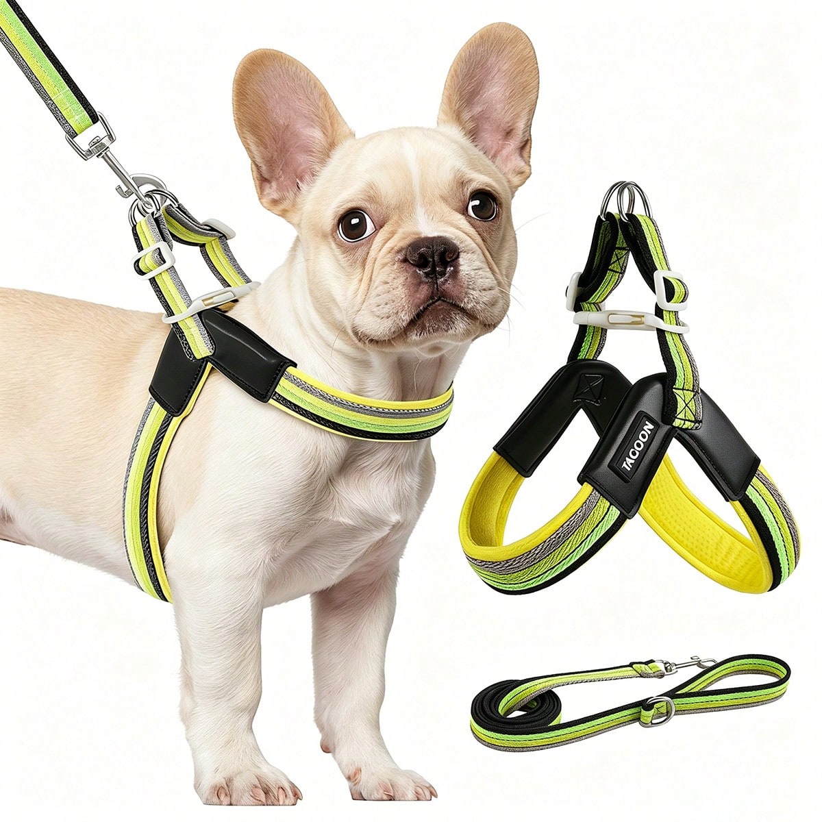 Multicolor colorblock no-pull dog harness 2-pack with step-in padded vest design, adjustable chest strap, and leash clip for small and medium dogs.