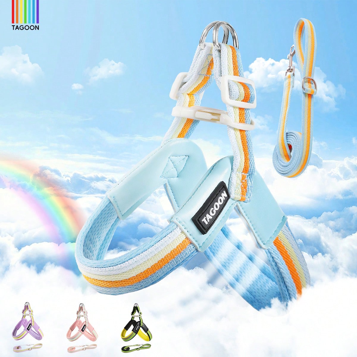 Multicolor colorblock no-pull dog harness 2-pack with step-in padded vest design, adjustable chest strap, and leash clip for small and medium dogs.