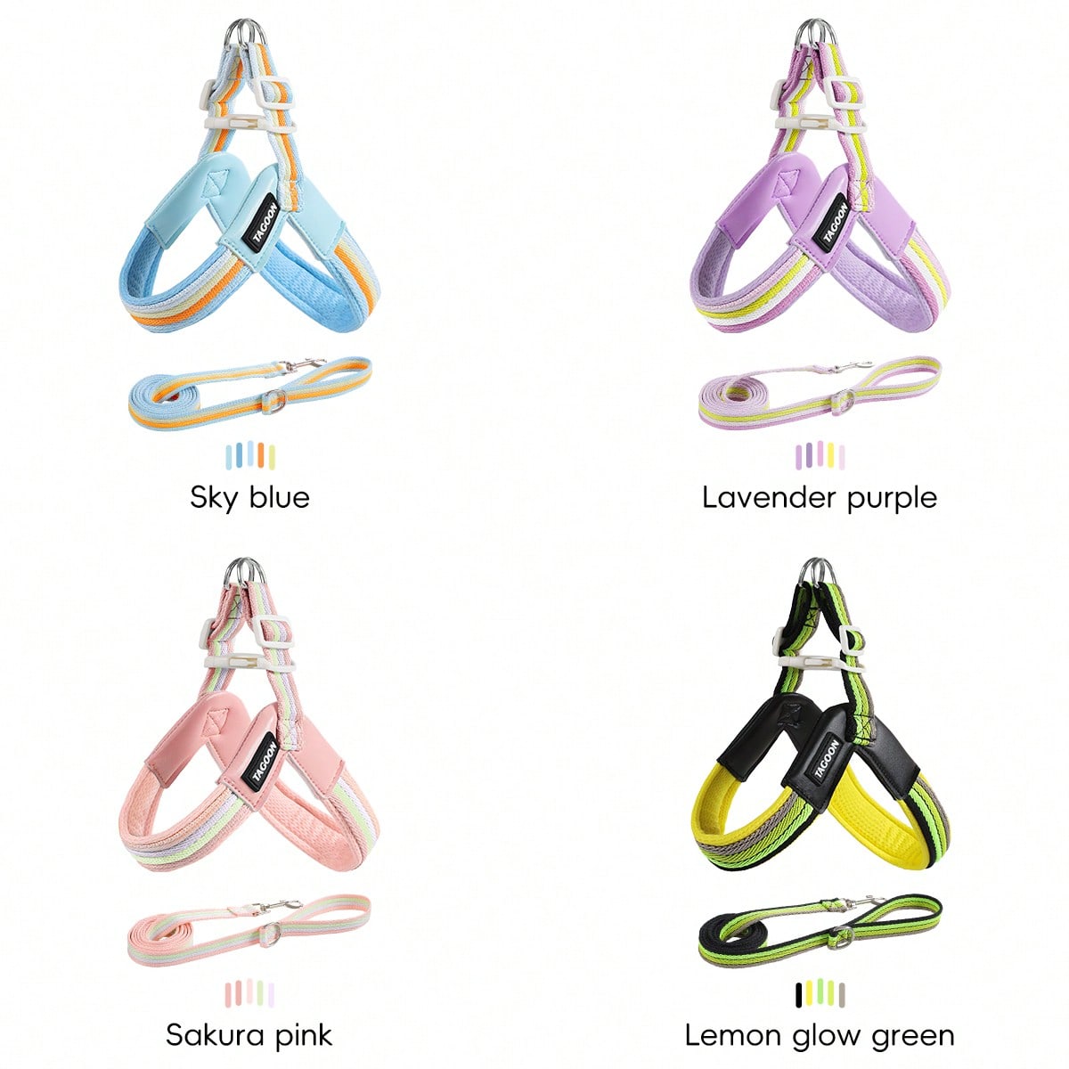 Multicolor colorblock no-pull dog harness 2-pack with step-in padded vest design, adjustable chest strap, and leash clip for small and medium dogs.
