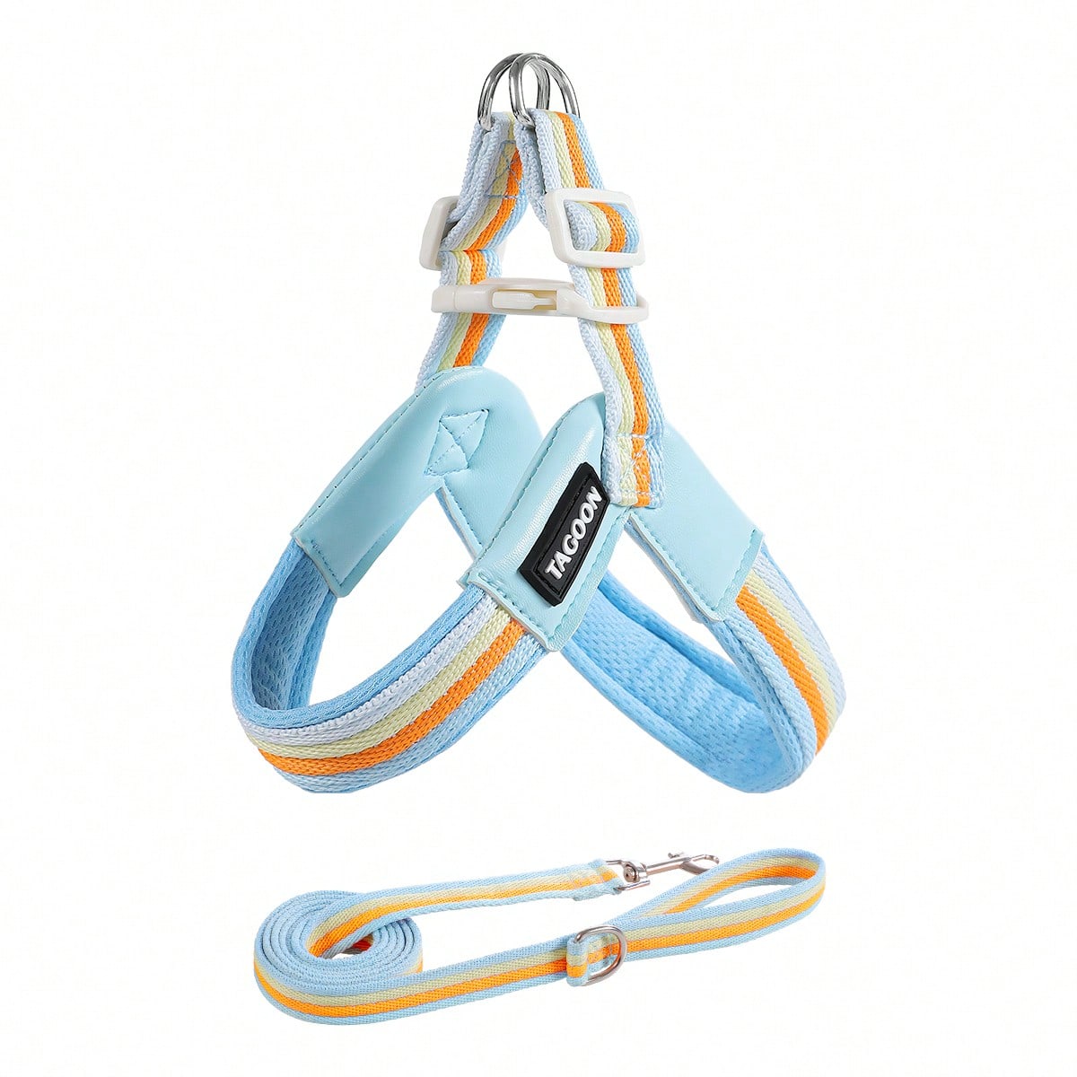 Multicolor colorblock no-pull dog harness 2-pack with step-in padded vest design, adjustable chest strap, and leash clip for small and medium dogs.