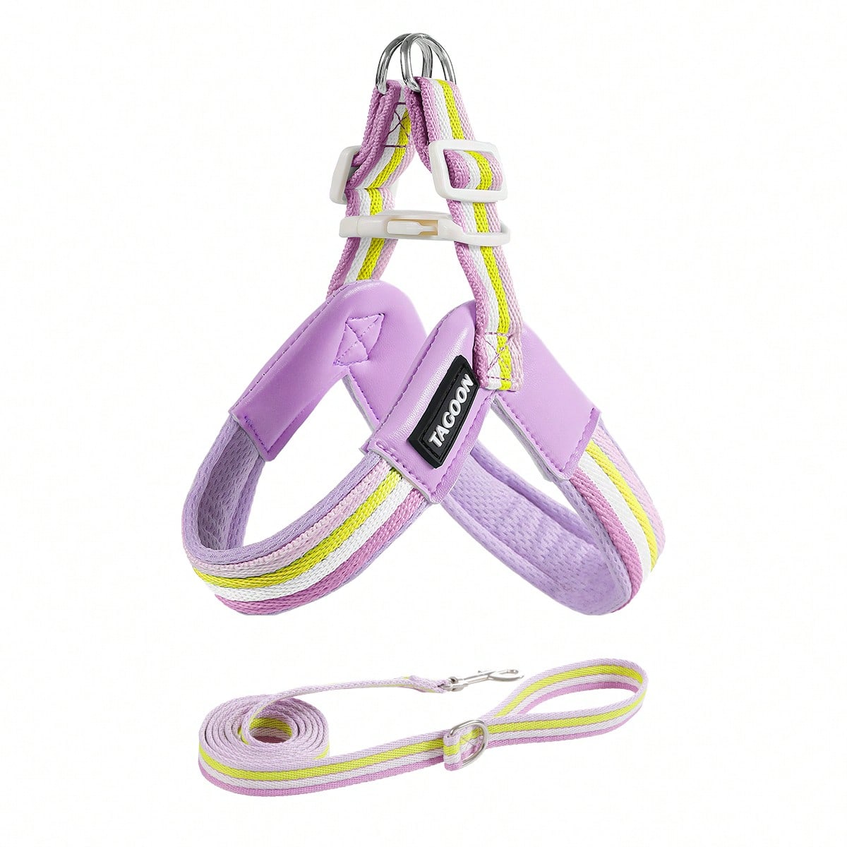 Multicolor colorblock no-pull dog harness 2-pack with step-in padded vest design, adjustable chest strap, and leash clip for small and medium dogs.