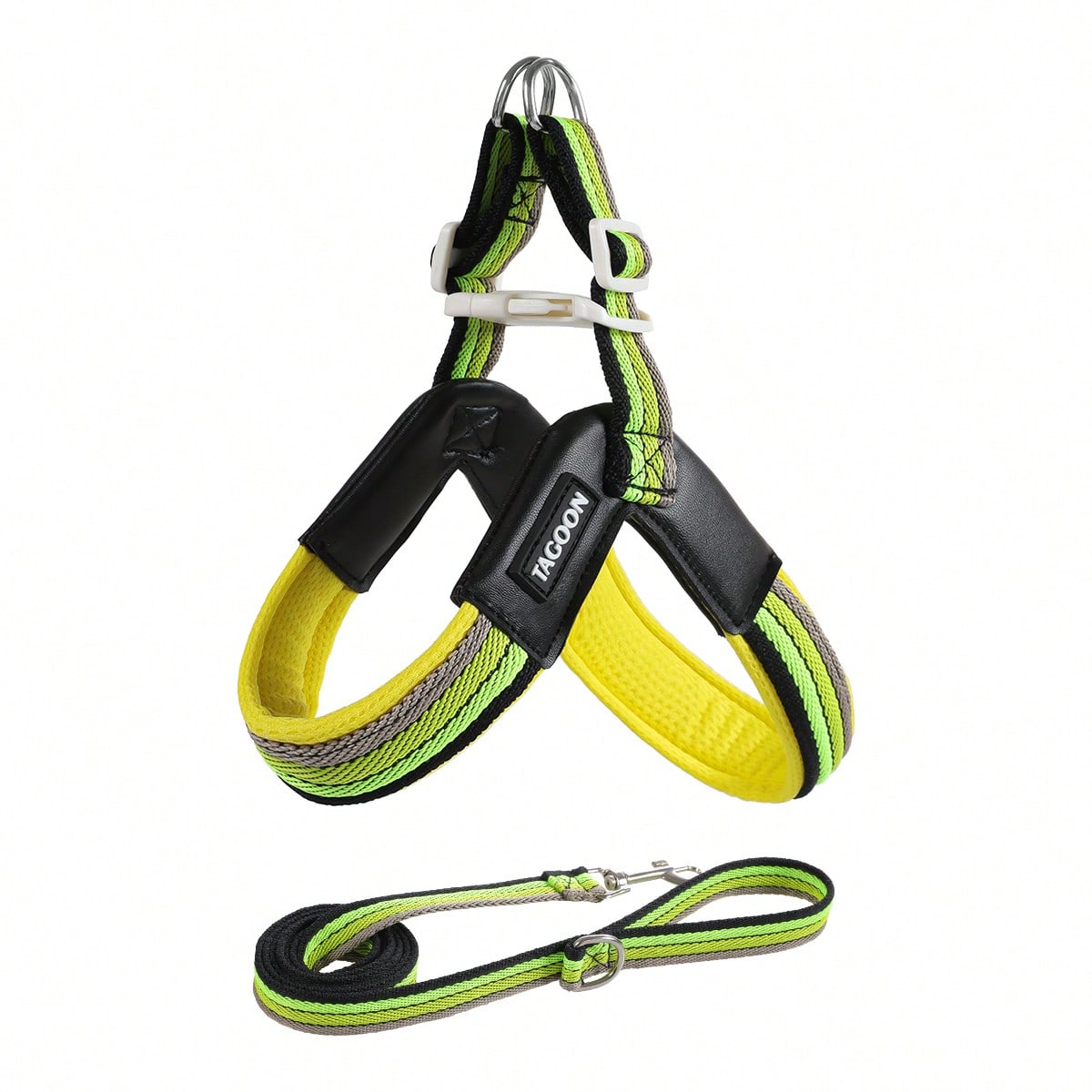 Multicolor colorblock no-pull dog harness 2-pack with step-in padded vest design, adjustable chest strap, and leash clip for small and medium dogs.