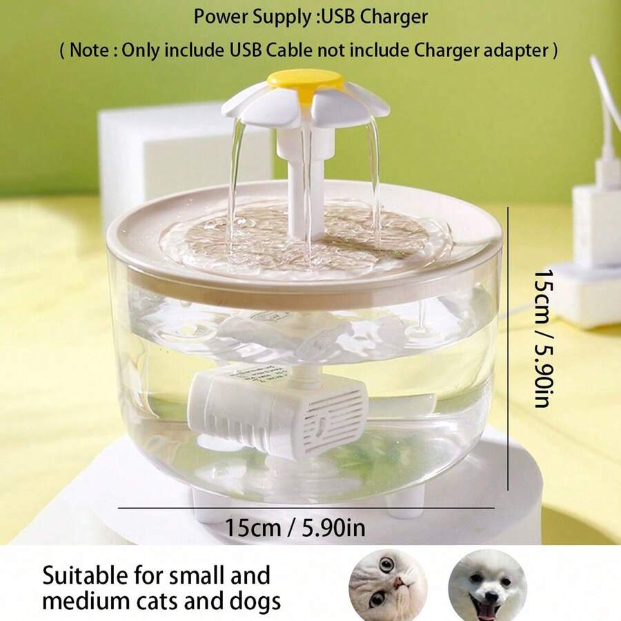 White 1000ml automatic circulating pet water fountain with USB power connection for cats and dogs.