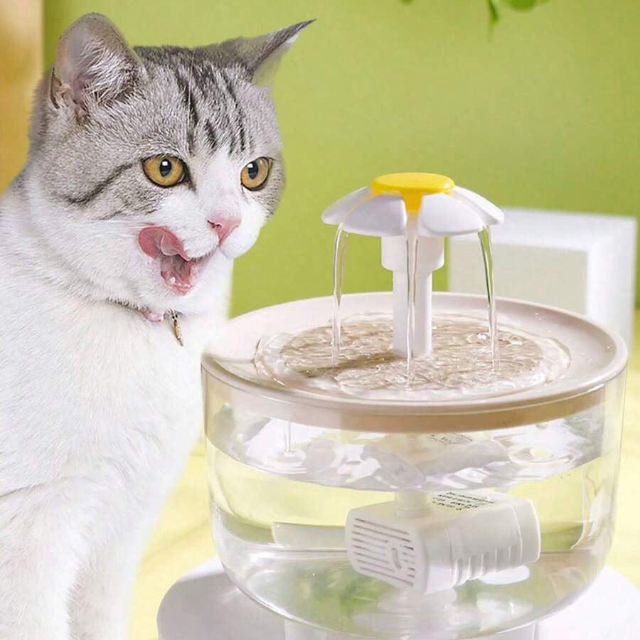 White 1000ml automatic circulating pet water fountain with USB power connection for cats and dogs.