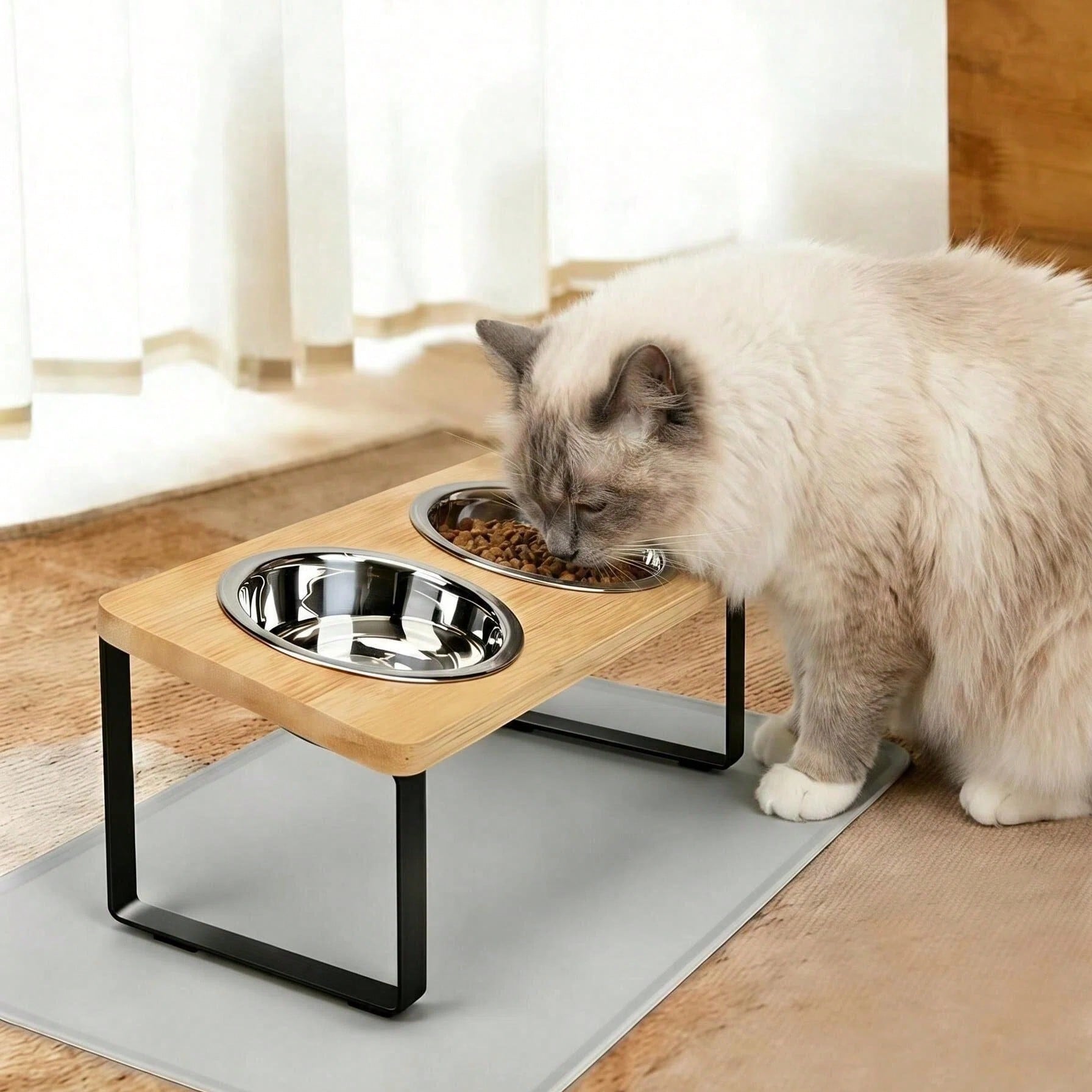 Tilted raised double pet bowl set with cartoon pattern for cats and dogs
