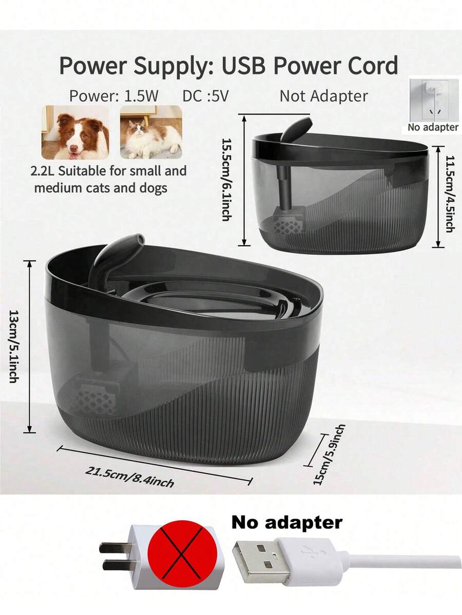 Automatic 2.2L cat water fountain with USB powered quiet pump and ABS construction.