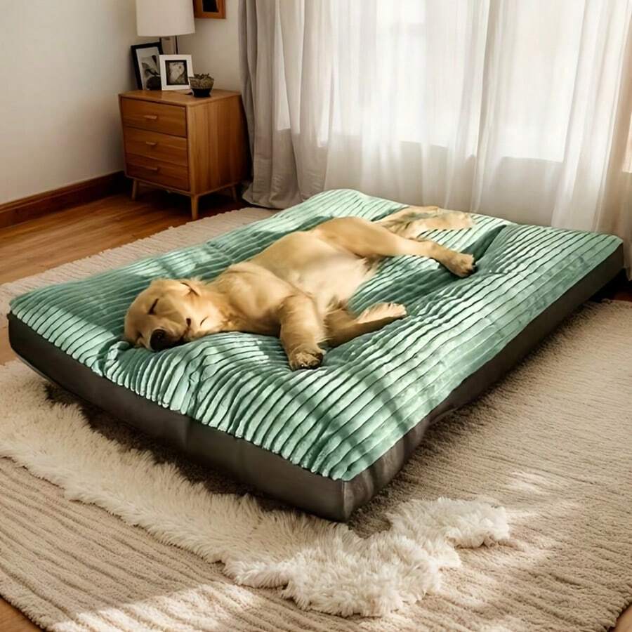 Thickened green plaid dog bed cushion mat with soft polyester filling and non-slip bottom for cats and dogs