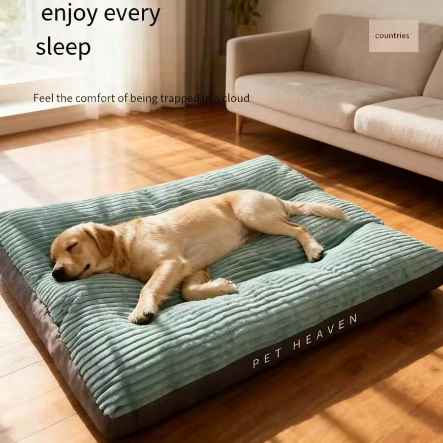 Thickened green plaid dog bed cushion mat with soft polyester filling and non-slip bottom for cats and dogs
