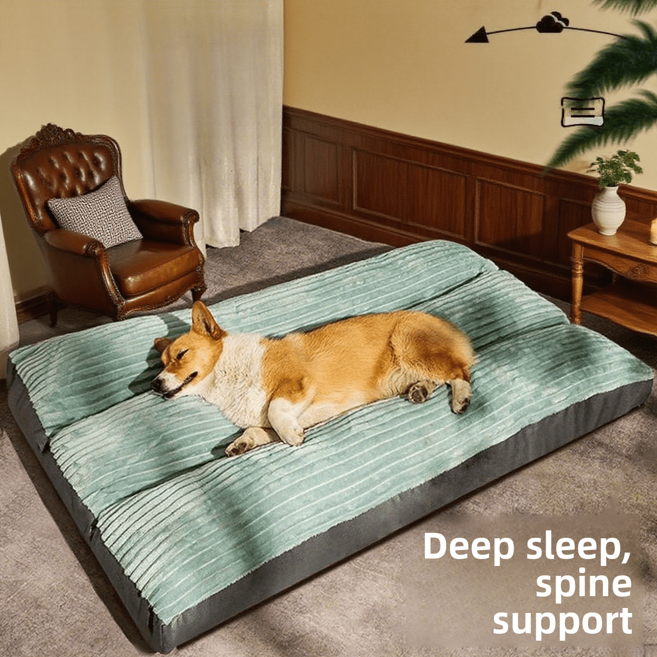 Thickened green plaid dog bed cushion mat with soft polyester filling and non-slip bottom for cats and dogs