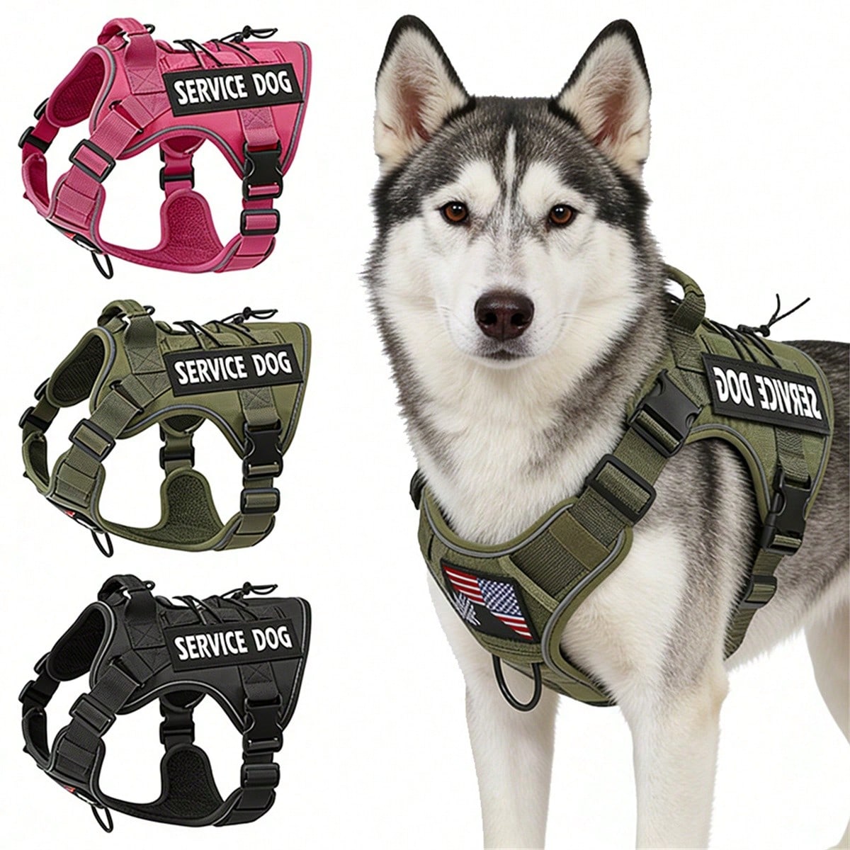 Multicolor polyester tactical vest for medium to large dogs with adjustable fit, reflective details, breathable washable design, and letter pattern.