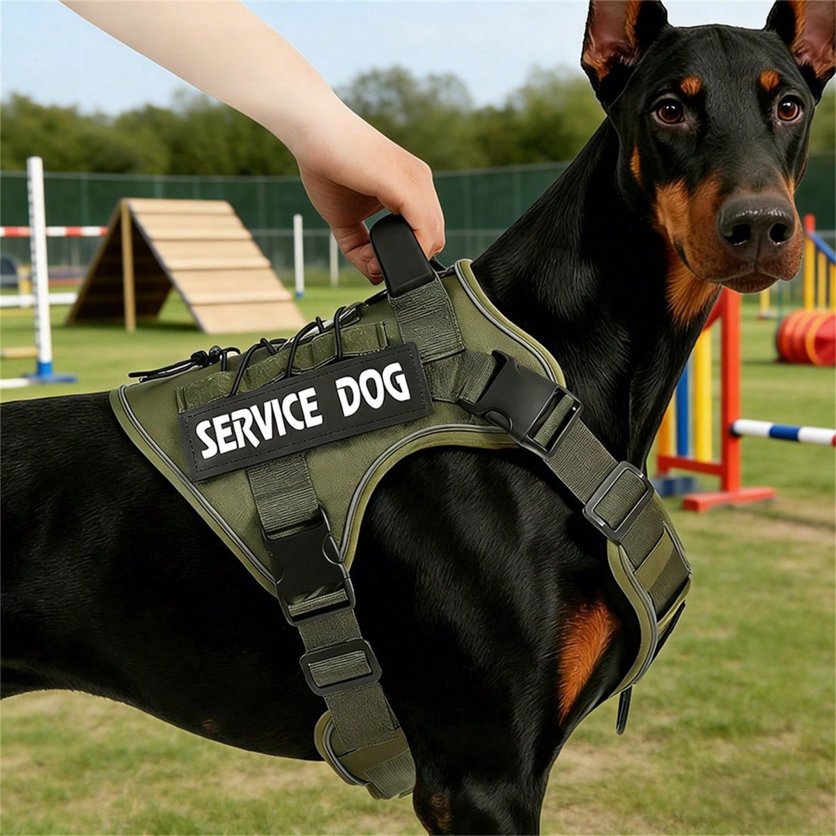 Multicolor polyester tactical vest for medium to large dogs with adjustable fit, reflective details, breathable washable design, and letter pattern.