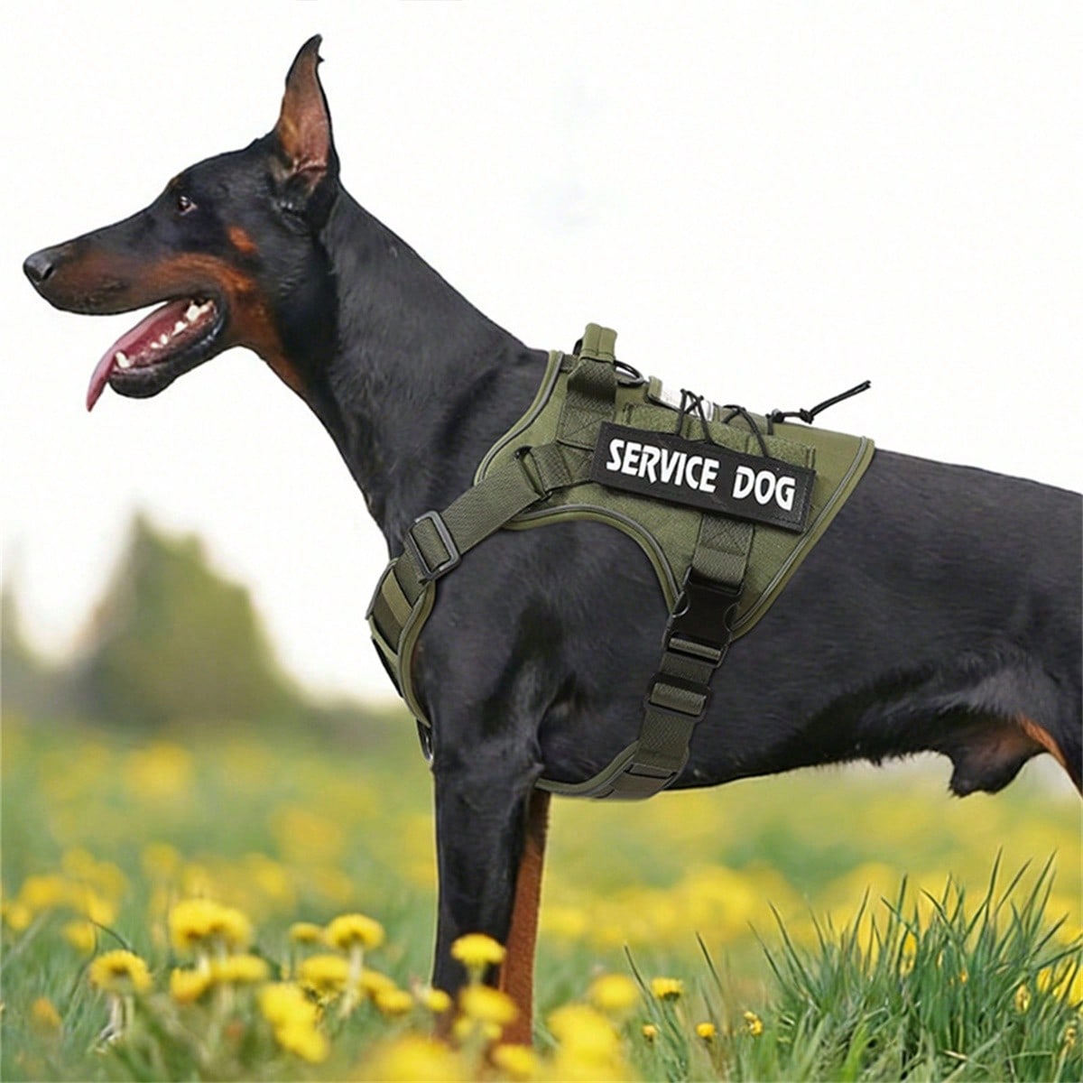Multicolor polyester tactical vest for medium to large dogs with adjustable fit, reflective details, breathable washable design, and letter pattern.