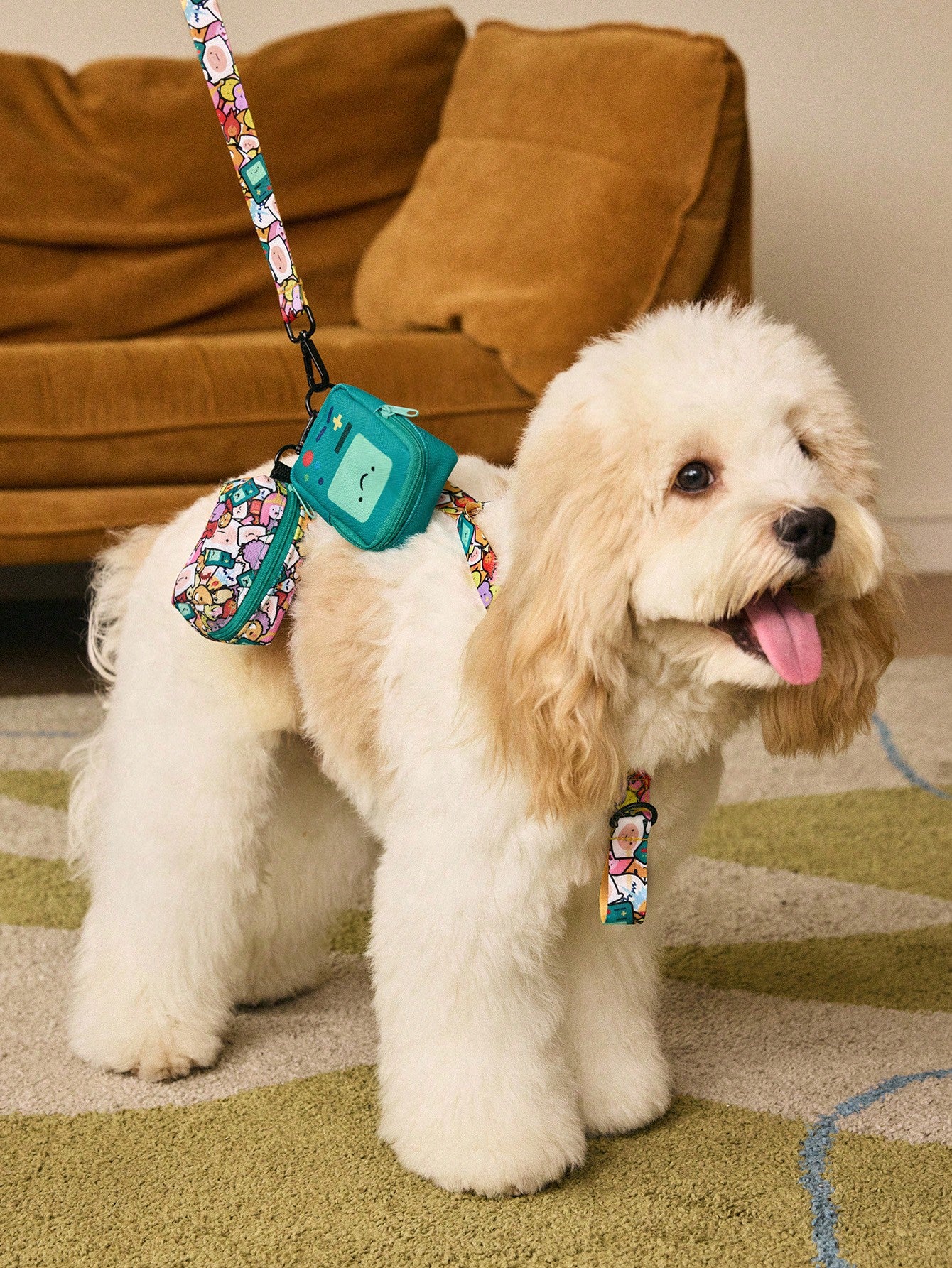 Multicolor cartoon pattern pet collar and leash set with adjustable polyester straps and portable storage bag for cats and dogs