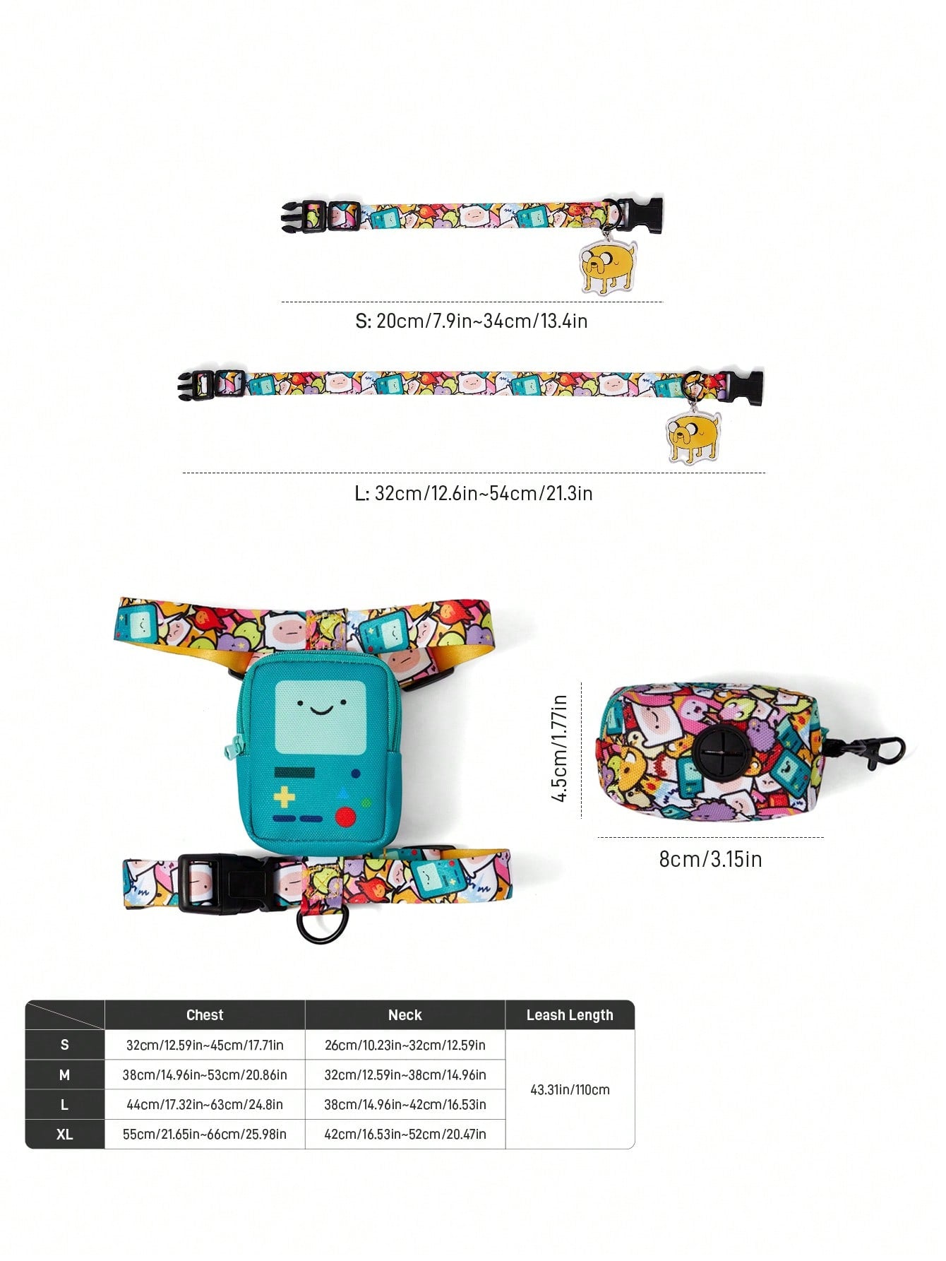 Multicolor cartoon pattern pet collar and leash set with adjustable polyester straps and portable storage bag for cats and dogs