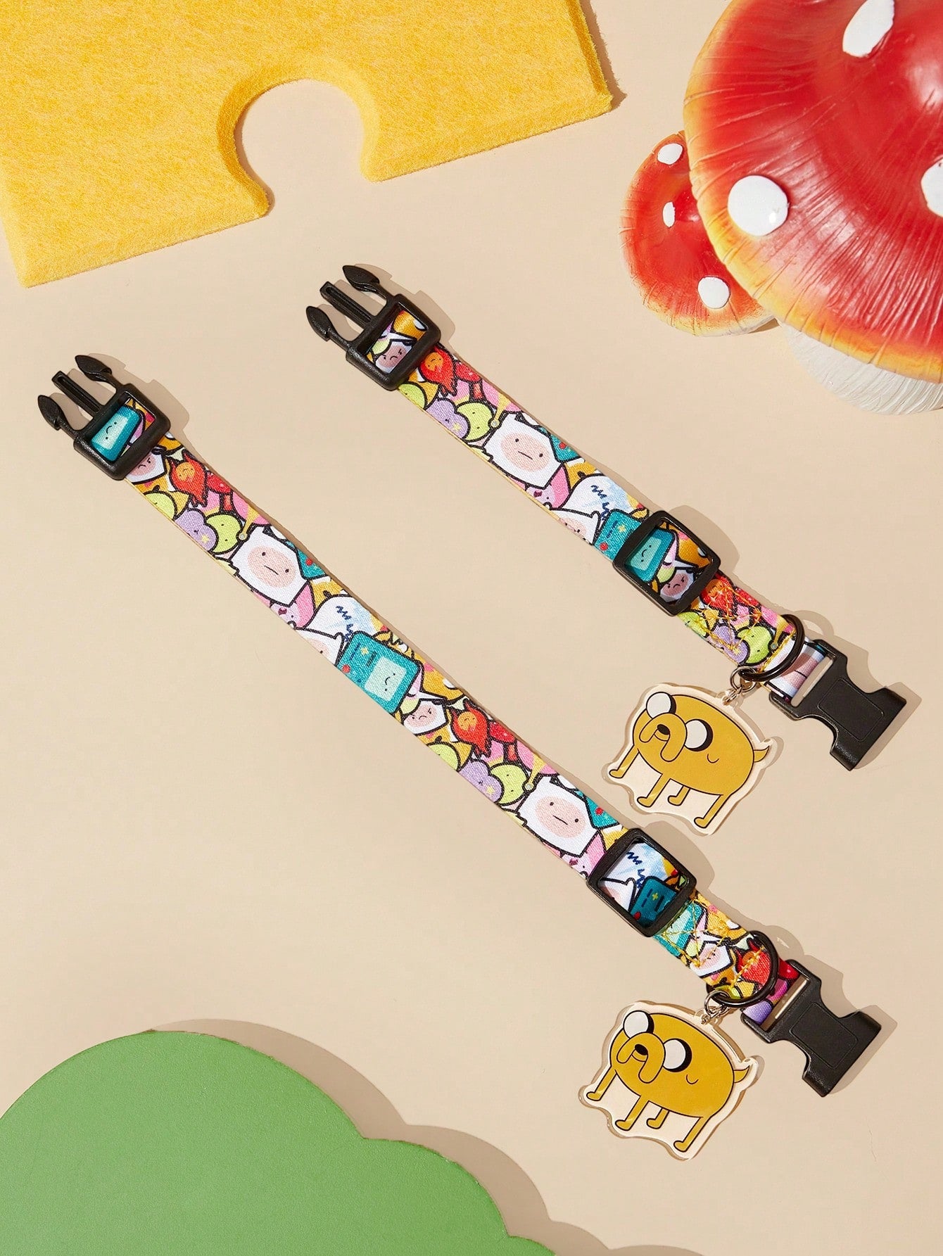 Multicolor cartoon pattern pet collar and leash set with adjustable polyester straps and portable storage bag for cats and dogs