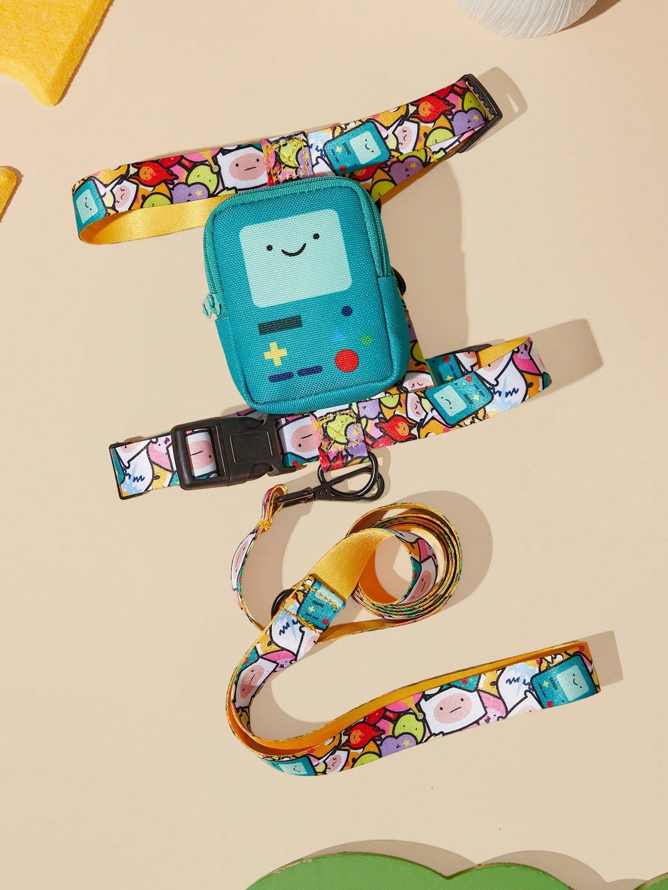 Multicolor cartoon pattern pet collar and leash set with adjustable polyester straps and portable storage bag for cats and dogs