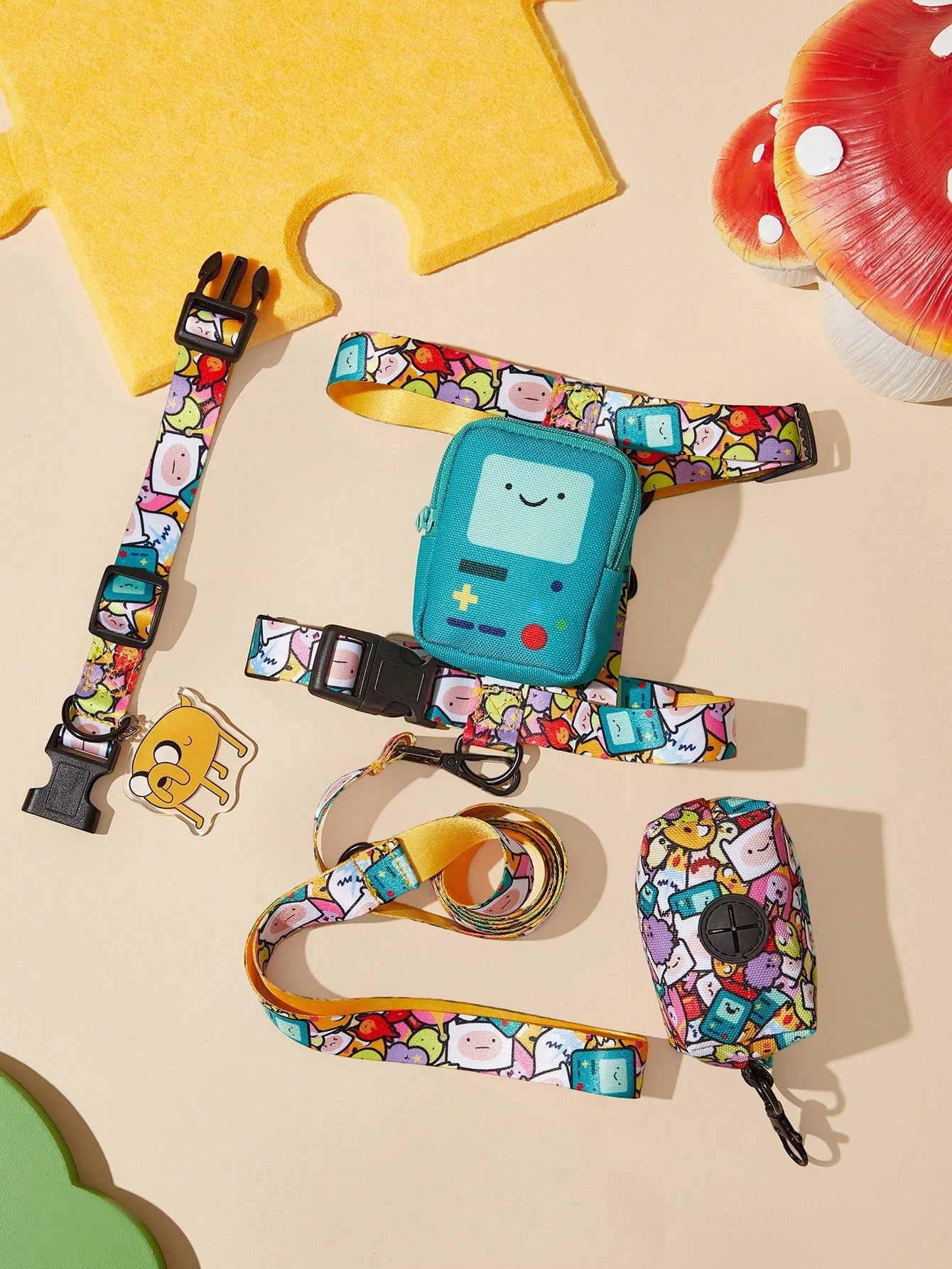 Multicolor cartoon pattern pet collar and leash set with adjustable polyester straps and portable storage bag for cats and dogs