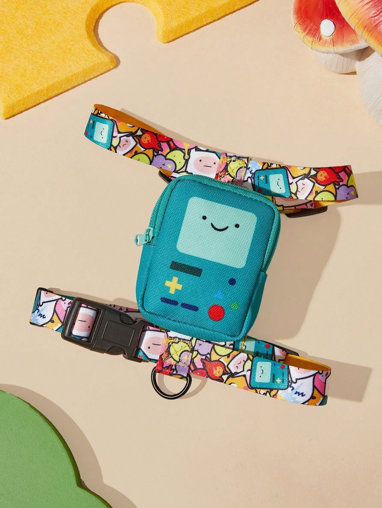 Multicolor cartoon pattern pet collar and leash set with adjustable polyester straps and portable storage bag for cats and dogs