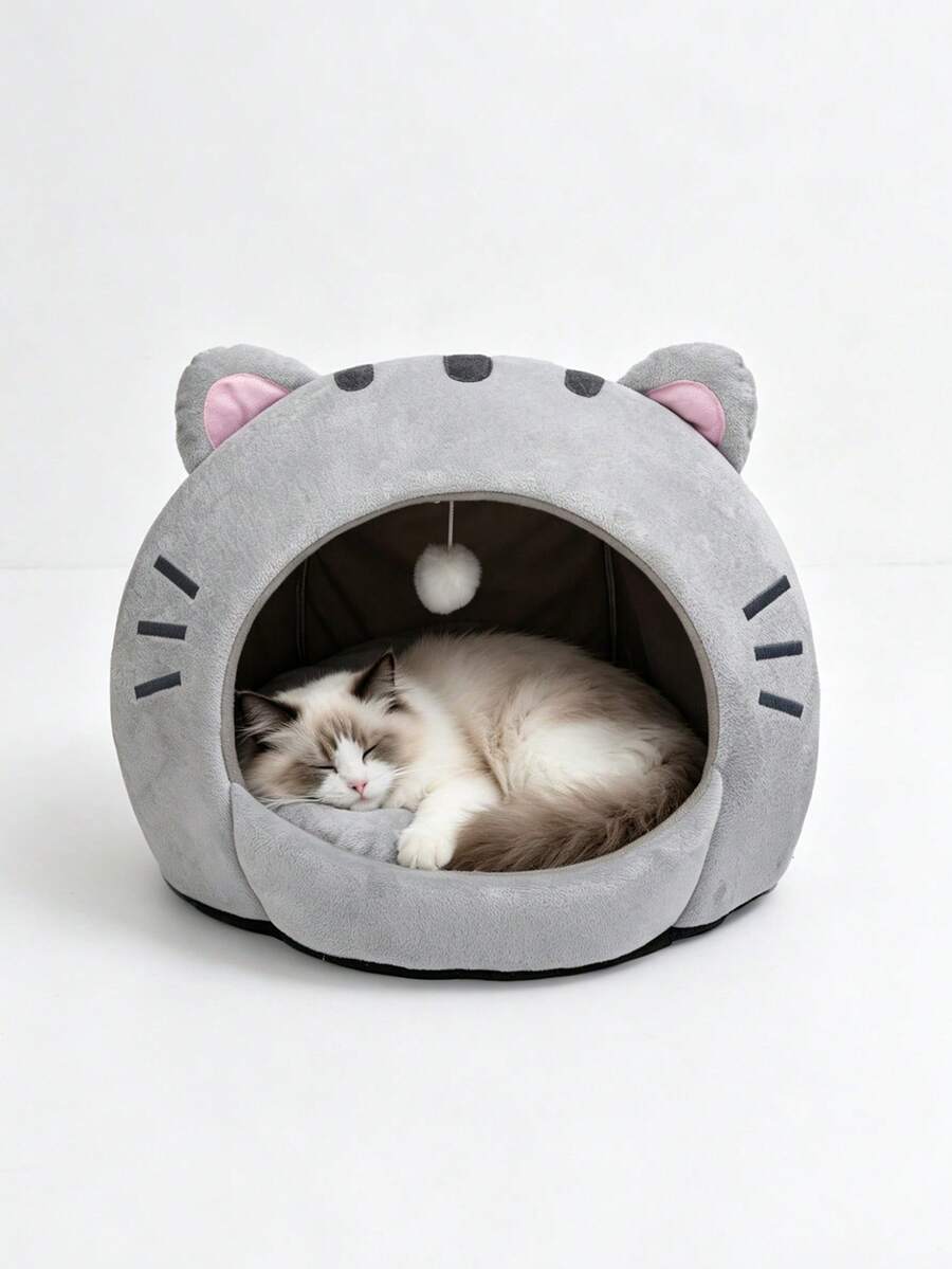 Multicolor soft cat bed featuring a cartoon pattern design suitable as a comfortable sleeping basket for cats and dogs.