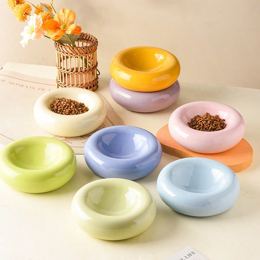 Large-Sized Doughnut-Shaped Ceramic Pet Bowl - Fashionable Snack And Water Bowl. Large-Capacity Non-Tip-Prone Simple Cat Food Bowl - Easy To Clean - Suitable For Small To Medium-Sized Pets - Wide-Edge Spill Prevention Design - Beautiful Pet Food Bowl
