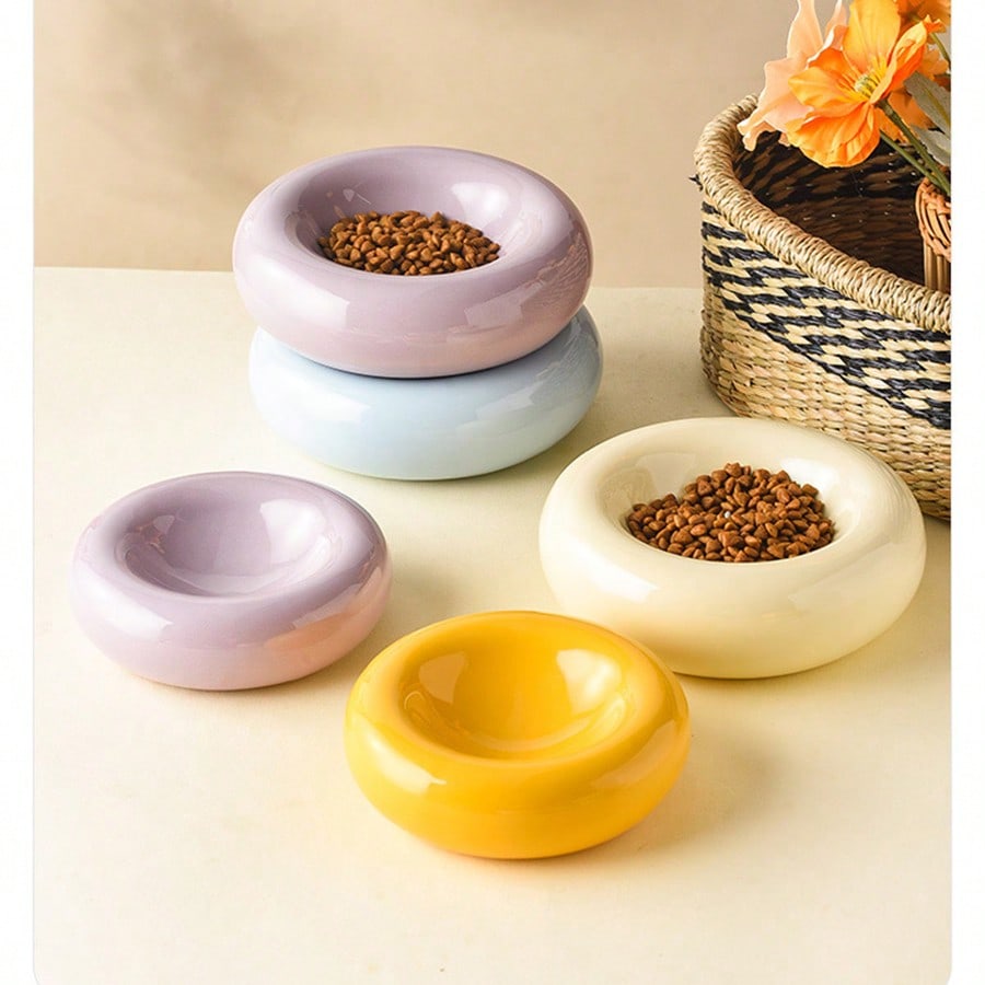 Large-Sized Doughnut-Shaped Ceramic Pet Bowl - Fashionable Snack And Water Bowl. Large-Capacity Non-Tip-Prone Simple Cat Food Bowl - Easy To Clean - Suitable For Small To Medium-Sized Pets - Wide-Edge Spill Prevention Design - Beautiful Pet Food Bowl