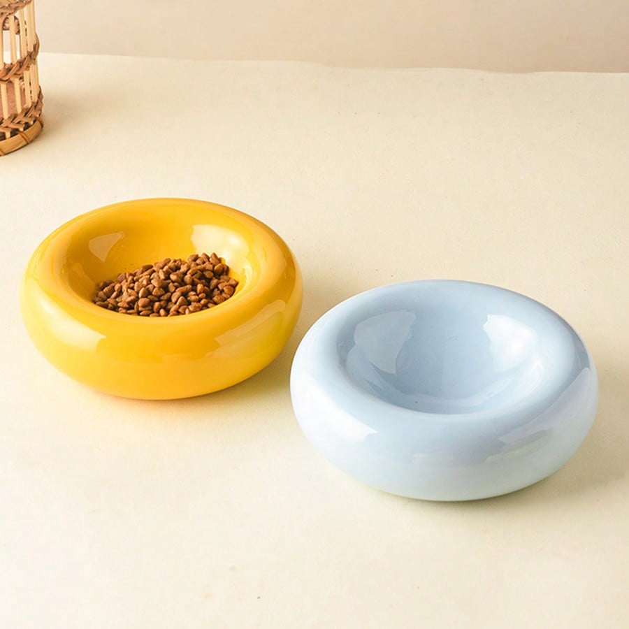 Large-Sized Doughnut-Shaped Ceramic Pet Bowl - Fashionable Snack And Water Bowl. Large-Capacity Non-Tip-Prone Simple Cat Food Bowl - Easy To Clean - Suitable For Small To Medium-Sized Pets - Wide-Edge Spill Prevention Design - Beautiful Pet Food Bowl