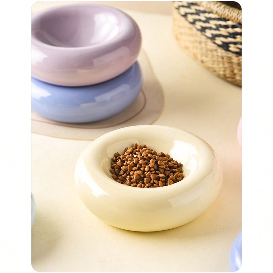Large-Sized Doughnut-Shaped Ceramic Pet Bowl - Fashionable Snack And Water Bowl. Large-Capacity Non-Tip-Prone Simple Cat Food Bowl - Easy To Clean - Suitable For Small To Medium-Sized Pets - Wide-Edge Spill Prevention Design - Beautiful Pet Food Bowl