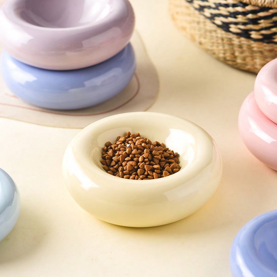 Large-Sized Doughnut-Shaped Ceramic Pet Bowl - Fashionable Snack And Water Bowl. Large-Capacity Non-Tip-Prone Simple Cat Food Bowl - Easy To Clean - Suitable For Small To Medium-Sized Pets - Wide-Edge Spill Prevention Design - Beautiful Pet Food Bowl