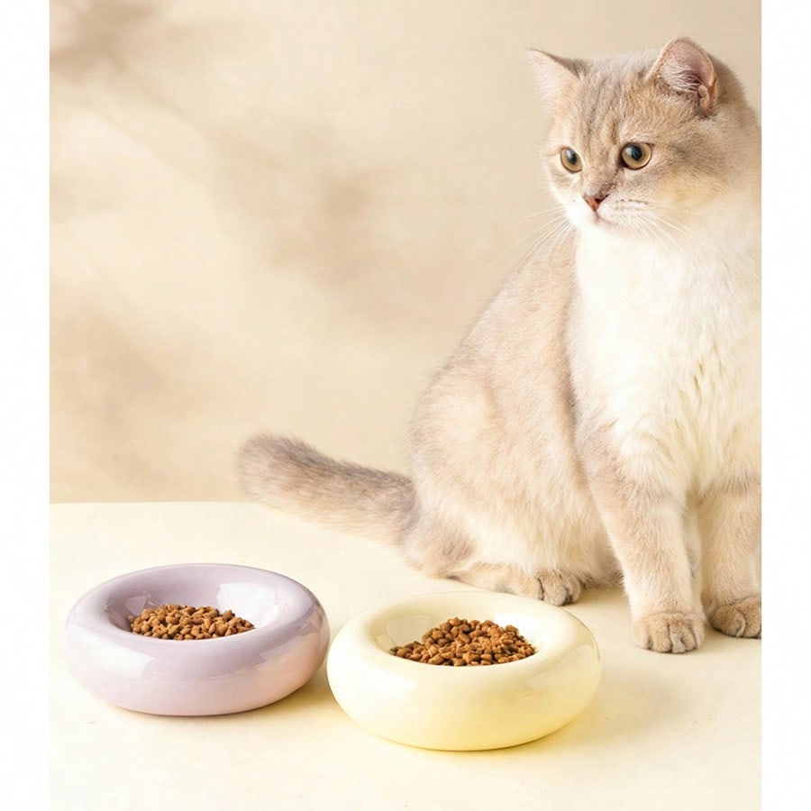 Large-Sized Doughnut-Shaped Ceramic Pet Bowl - Fashionable Snack And Water Bowl. Large-Capacity Non-Tip-Prone Simple Cat Food Bowl - Easy To Clean - Suitable For Small To Medium-Sized Pets - Wide-Edge Spill Prevention Design - Beautiful Pet Food Bowl