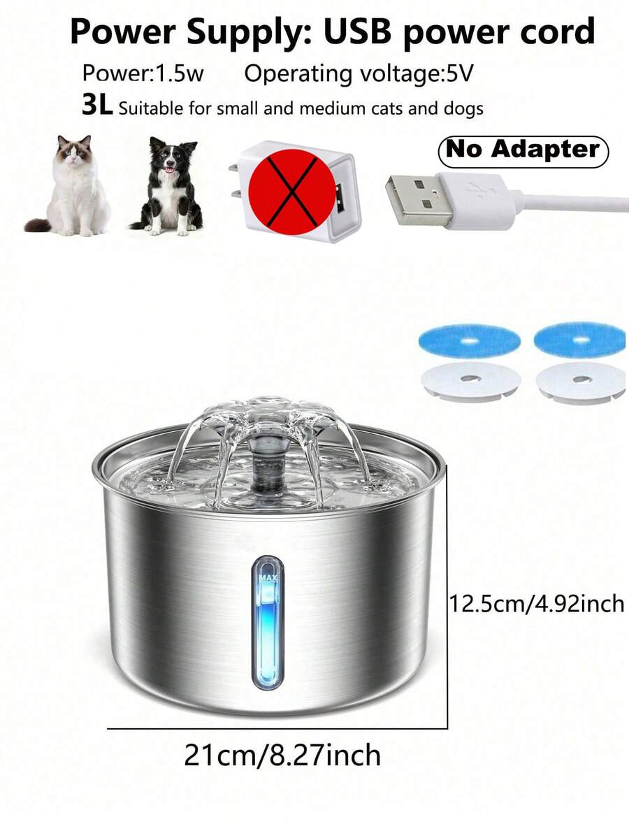 3L stainless steel automatic cat water fountain with quiet USB powered drinking dispenser design for pets