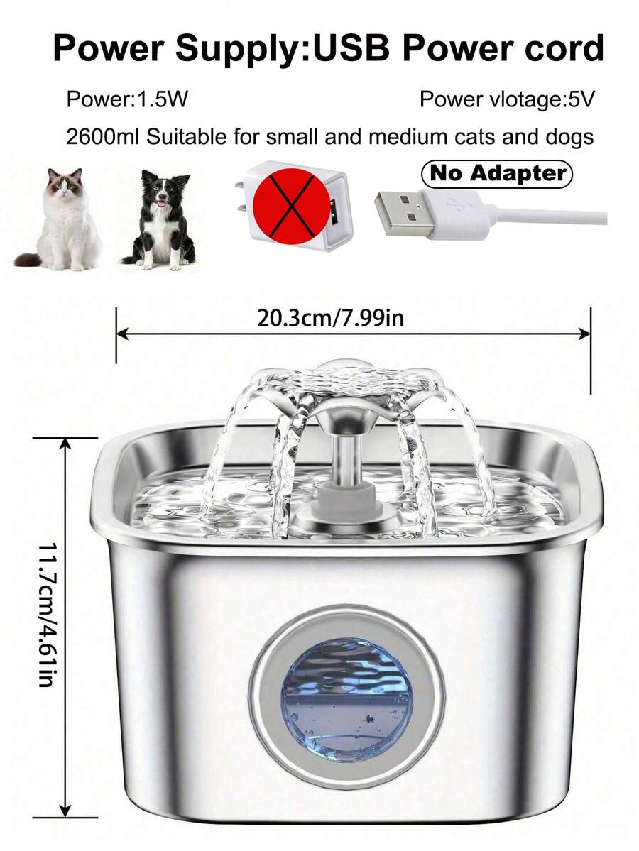 2.6L stainless steel automatic pet water dispenser fountain with clear water level window and USB power connection for cats and dogs.