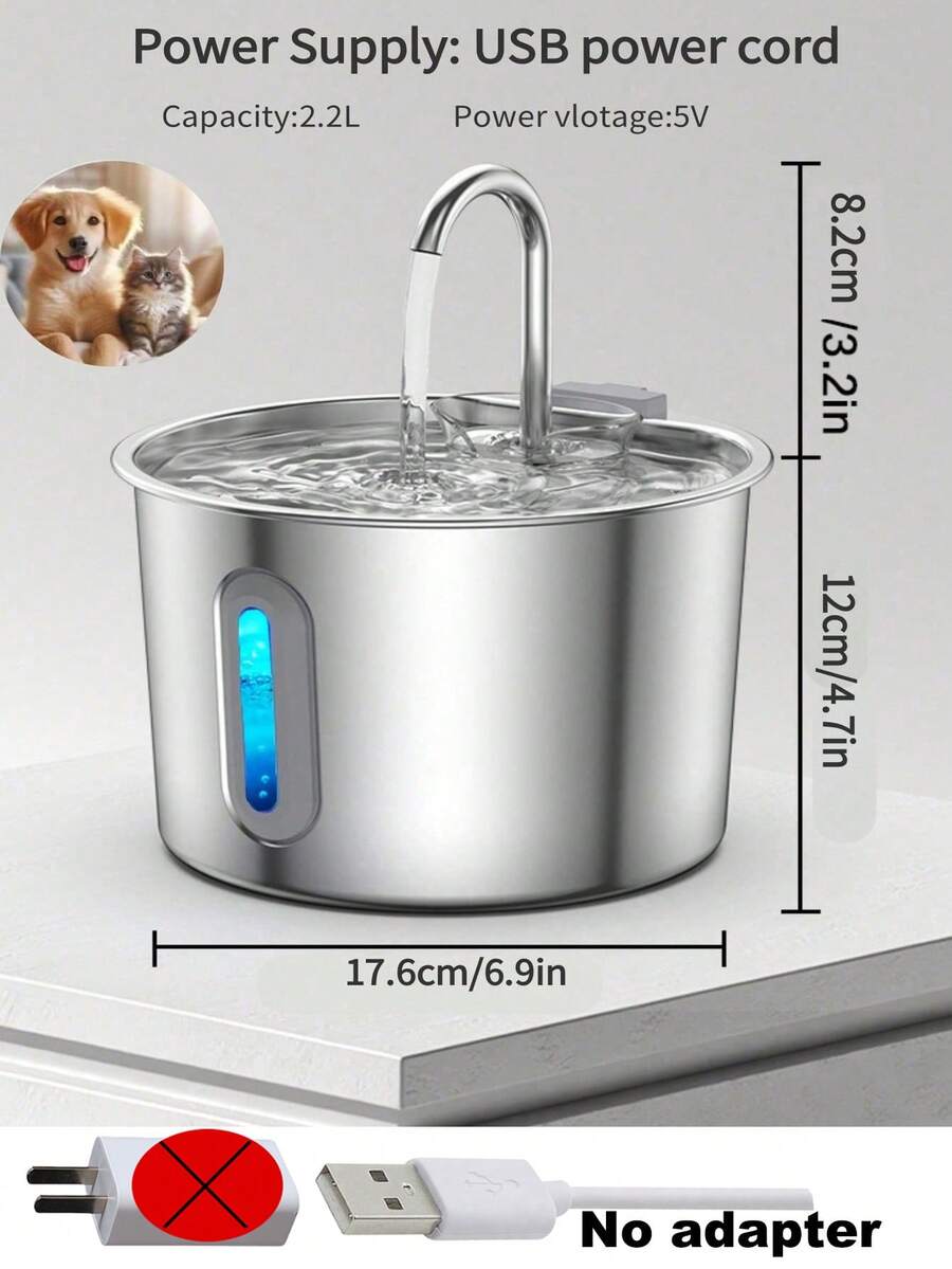 Stainless steel cat water fountain with 2.2L capacity, blue LED light, water viewing window, and USB power cord.