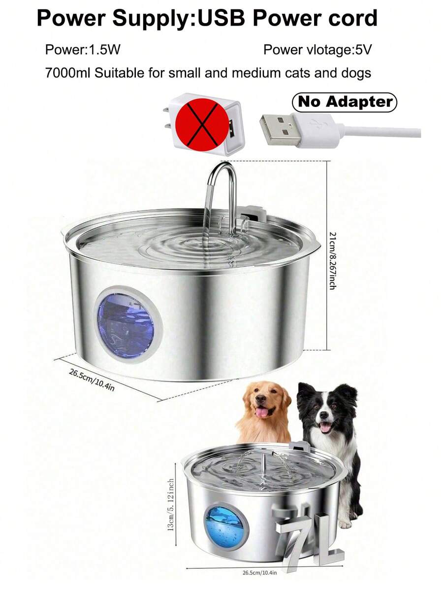 7L 304 stainless steel automatic dog water dispenser with viewing window and USB power connection