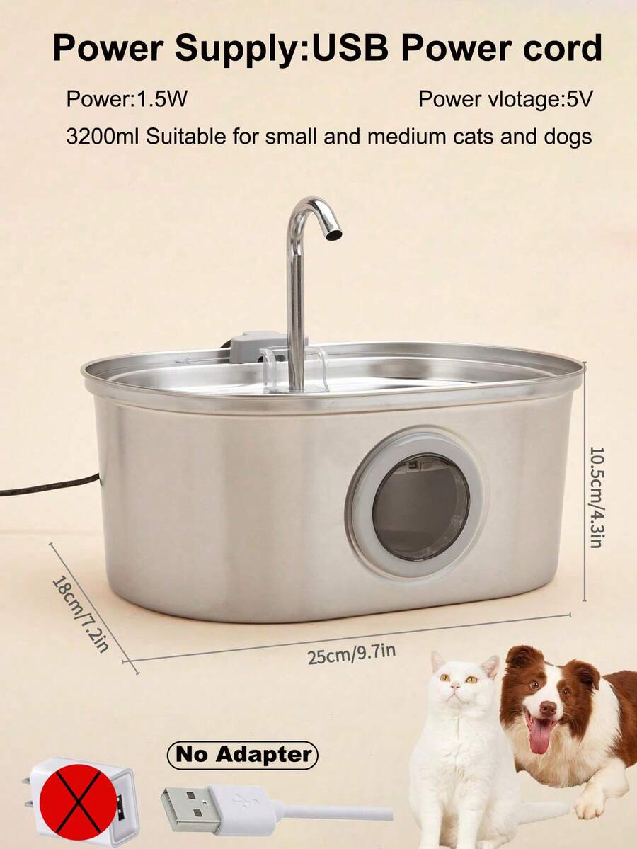3.2L stainless steel automatic pet water fountain with built-in LED night light and USB power cord for dogs and cats.