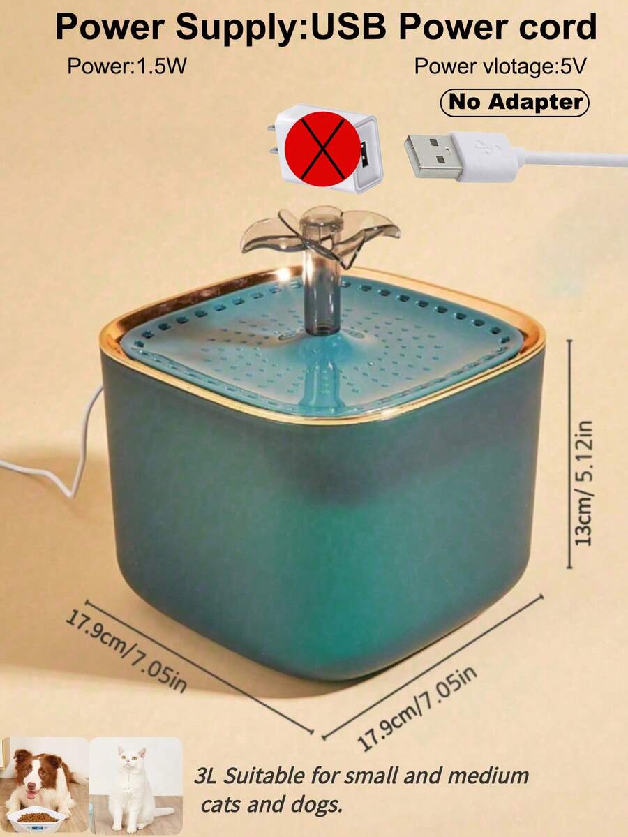 3L automatic pet water fountain in multicolor PP material with USB power cable for cats and dogs