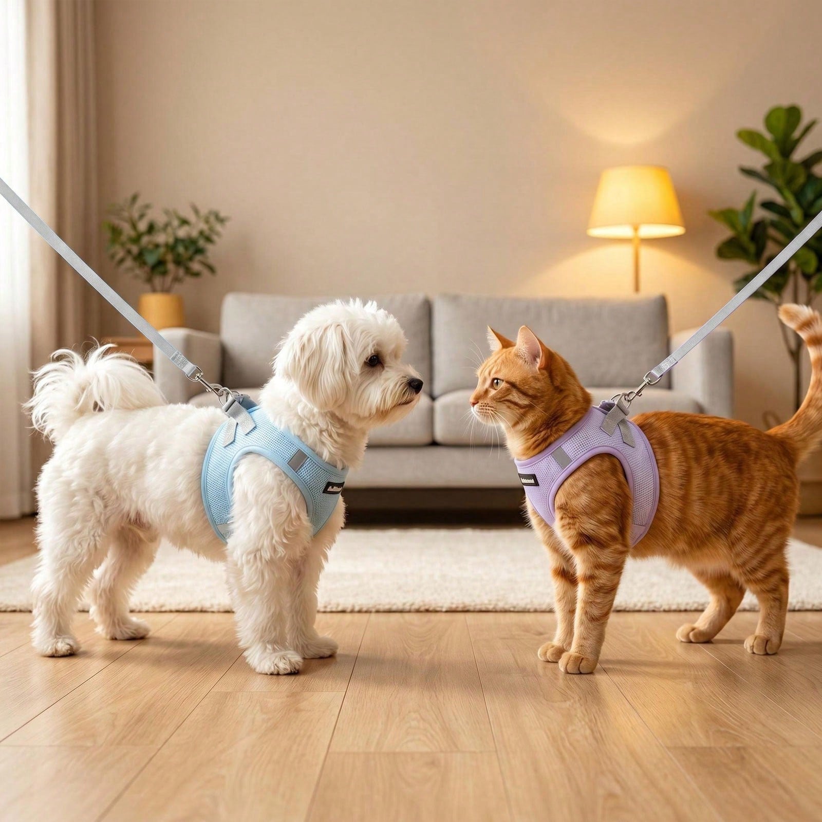 Colorblock reflective no-pull pet harness and 1.5m leash set for cats and small to medium dogs, featuring adjustable straps, breathable mesh, and anti-escape vest design.
