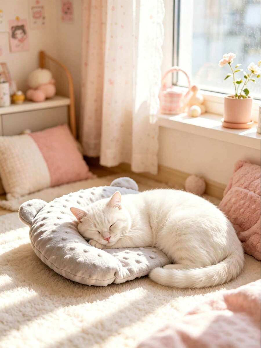 Multicolor small round bean plush pet pillow made of soft polyester for small animals, cats, and dogs.