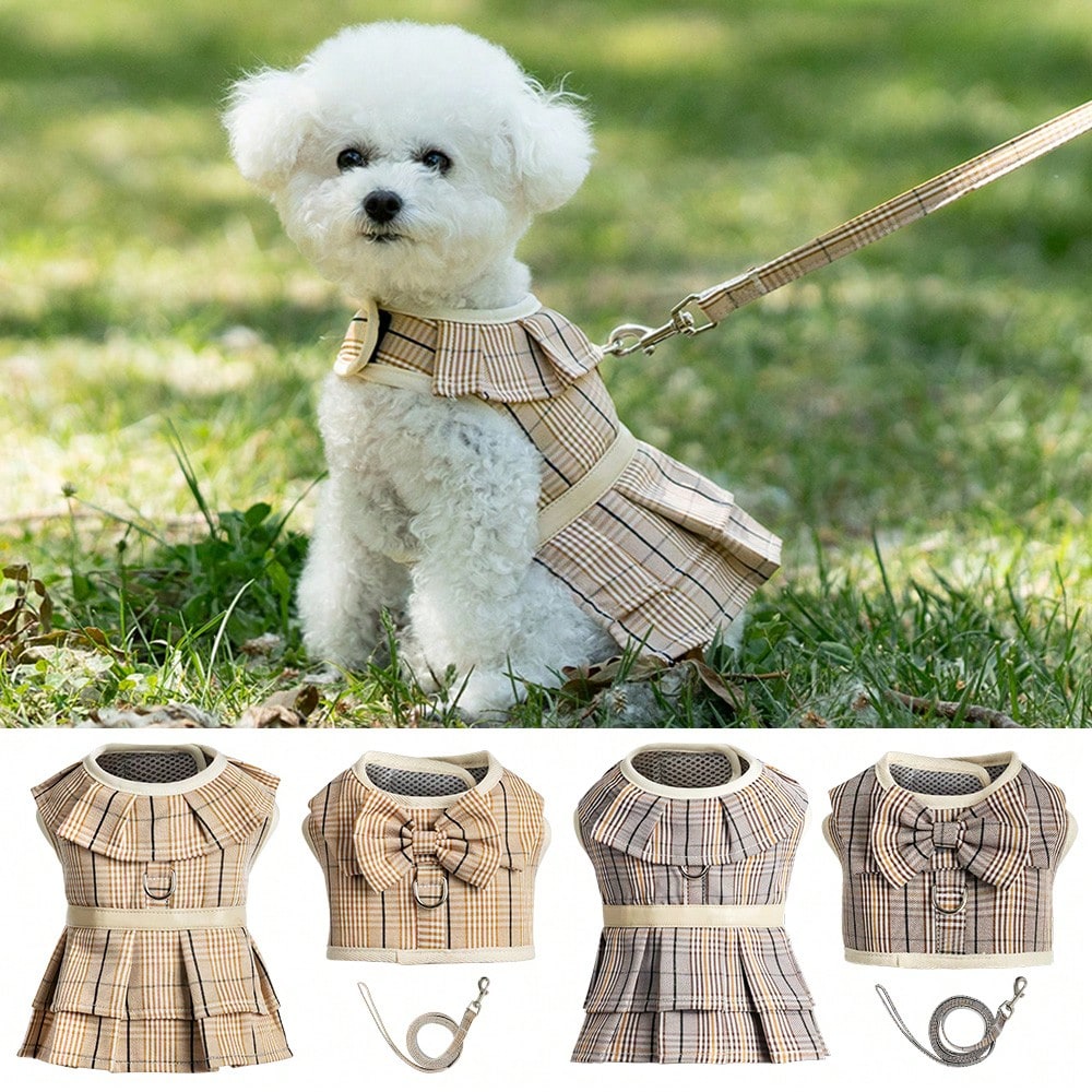 Multicolor plaid polyester dog harness and leash set with bow and ruffle design for small dogs, featuring a breathable chest strap for walking.