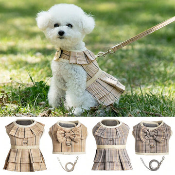 Multicolor plaid polyester dog harness and leash set with bow and ruffle design for small dogs, featuring a breathable chest strap for walking.