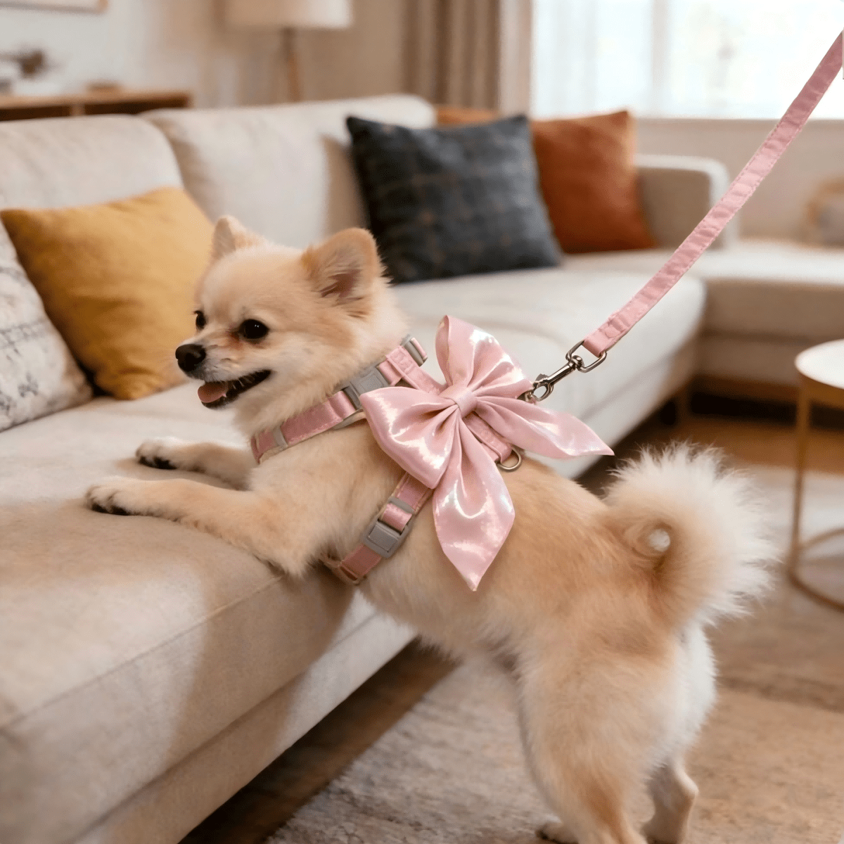 Multicolor polyester pet harness with glossy 3D big bow decoration and adjustable chest strap for cats and dogs.